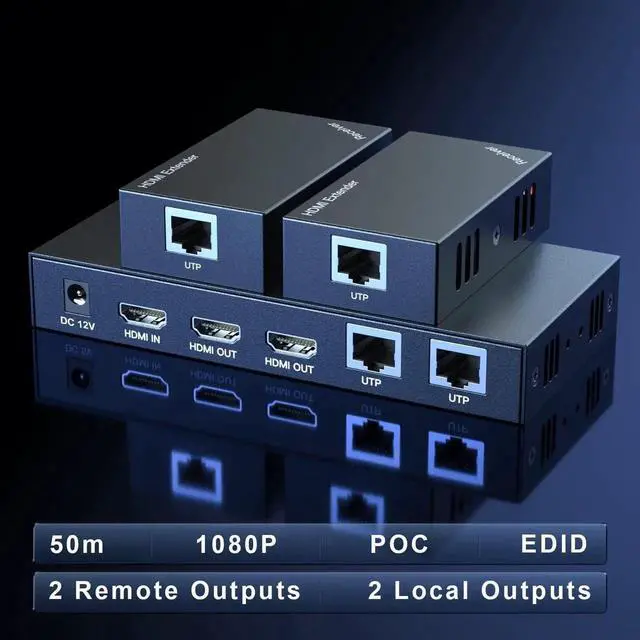 Alt view image 3 of 7 - Vszerda HDMI Extender Splitter 1x2 1080P@60Hz Over Cat 5E/6/7 Ethernet Cable 50m (165ft) Support 2 HDMI loopout EDID Copy POC Function (1 in 2 Out)