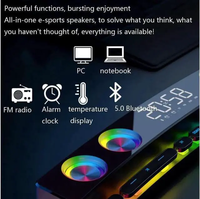 Alt view image 4 of 6 - Vszerda SH39 Clock Bluetooth Wireless Game Speaker soundbar 3D Stereo Subwoofer,Computer Loudspeaker with Light,soundbar for tv Home Theater (Color : White, Size : 495 * 88 * 57mm)