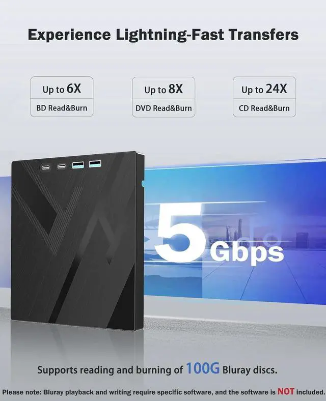 Alt view image 3 of 7 - 7 in 1 External Blu Ray Drive, USB 3.0 & Type C External Blueray/DVD Drive for PC with SD/TF Port Blu Ray Burner, Support 100G Disc External Blu Ray Drive for Windows Linux MacOS Laptop Desktop