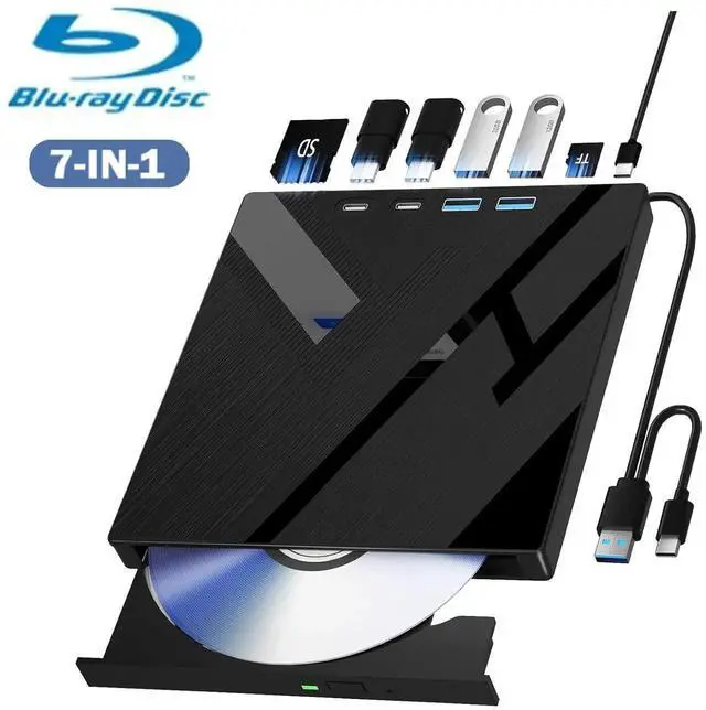 Main image of 7 in 1 External Blu Ray Drive, USB 3.0 & Type C External Blueray/DVD Drive for PC with SD/TF Port Blu Ray Burner, Support 100G Disc External Blu Ray Drive for Windows Linux MacOS Laptop Desktop
