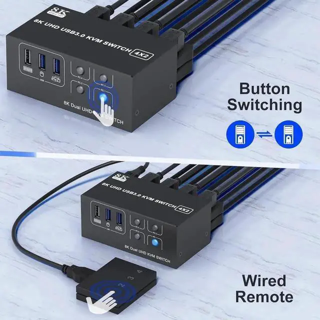 Alt view image 6 of 7 - Vszerda Dual Monitor HDMI KVM Switch 2 Monitors 4 Computers Support 8K@60Hz 4K@120Hz, 4 in 2 Out HDMI KVM Switcher PC Extended Display, HDMI Monitor Switch for 4 PCs Share 2 Monitors 4 USB Devices