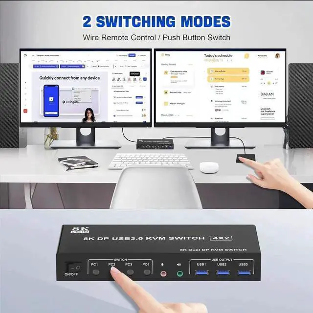 Alt view image 2 of 7 - Vszerda 8K@60Hz USB 3.0 Displayport KVM Switch for 2 Monitors 4 Computers, Dual Monitor DP KVM Switch with Audio Output and 3 USB 3.0 Ports, 4 Port Dual Monitor Displayport KVM Switch for 4 Computers
