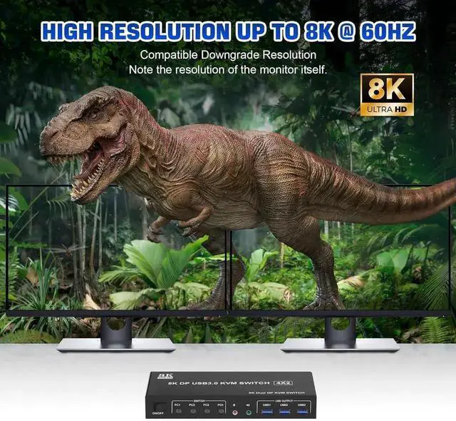 Alt view image 3 of 7 - Vszerda 8K@60Hz USB 3.0 Displayport KVM Switch for 2 Monitors 4 Computers, Dual Monitor DP KVM Switch with Audio Output and 3 USB 3.0 Ports, 4 Port Dual Monitor Displayport KVM Switch for 4 Computers