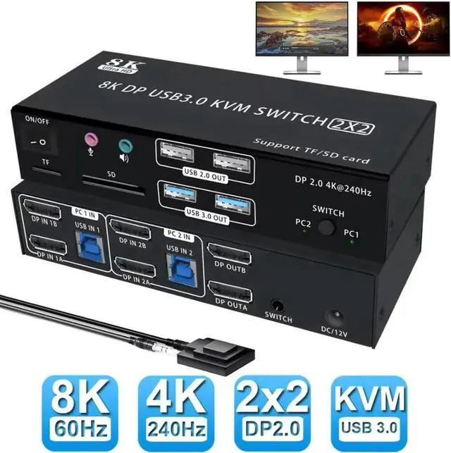 Main image of Vszerda 4K@240Hz Displayport KVM Switch 2 Monitors 2 PCs, 8K@60Hz DP2.0 Dual Monitor KVM Switch 2 in 2 Out for 2 Computer Share 2 Monitors, Audio Mic Ports and 4 USB Devices, with SD/TF Card Reader