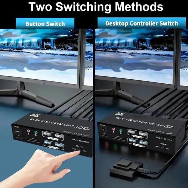 Alt view image 4 of 7 - Vszerda 4K@240Hz Displayport KVM Switch 2 Monitors 2 PCs, 8K@60Hz DP2.0 Dual Monitor KVM Switch 2 in 2 Out for 2 Computer Share 2 Monitors, Audio Mic Ports and 4 USB Devices, with SD/TF Card Reader