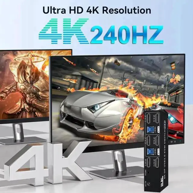 Alt view image 7 of 7 - Vszerda 4K@240Hz Displayport KVM Switch 2 Monitors 2 PCs, 8K@60Hz DP2.0 Dual Monitor KVM Switch 2 in 2 Out for 2 Computer Share 2 Monitors, Audio Mic Ports and 4 USB Devices, with SD/TF Card Reader