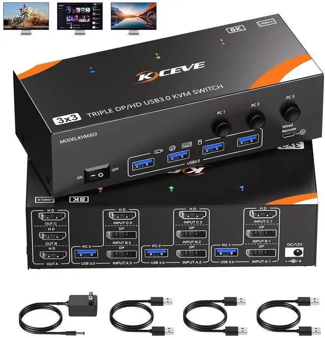 Main image of Vszerda KVM Switch 3 Monitors 3 Computers 8K@60Hz/4K@120Hz, HDMI + 2 Displayport KVM Switches for 3 PC Sharing Triple Monitors and Keyboard Mouse with Power Adapter, Wired Controller and USB3.0 Cables
