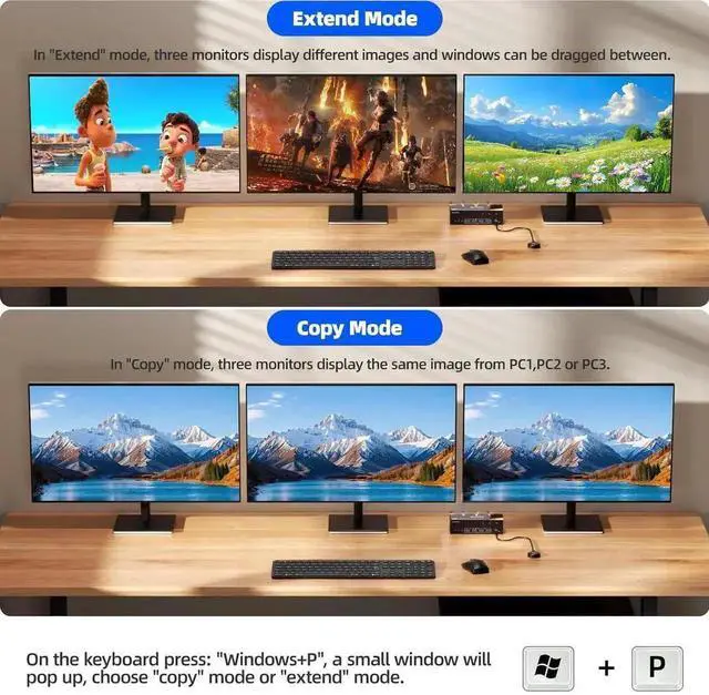 Alt view image 5 of 7 - Vszerda KVM Switch 3 Monitors 3 Computers 8K@60Hz/4K@120Hz, HDMI + 2 Displayport KVM Switches for 3 PC Sharing Triple Monitors and Keyboard Mouse with Power Adapter, Wired Controller and USB3.0 Cables