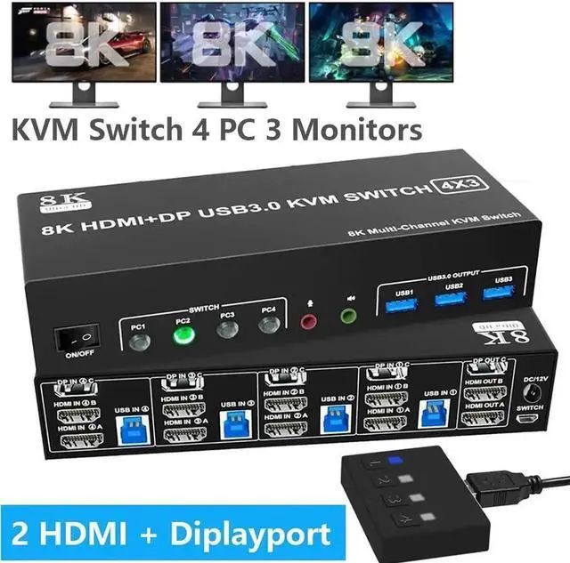 Main image of Vszerda KVM Switch 3 Monitors 4 Computers 8K@60Hz 4K@144Hz, 2 HDMI +1 DisplayPort Triple Monitor USB 3.0 KVM Switch for 4 PC with Audio and 3 USB 3.0 Ports, KVM Triple Monitor Keyboard Mouse Switcher