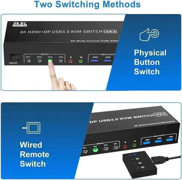 Alt view image 5 of 7 - Vszerda KVM Switch 3 Monitors 4 Computers 8K@60Hz 4K@144Hz, 2 HDMI +1 DisplayPort Triple Monitor USB 3.0 KVM Switch for 4 PC with Audio and 3 USB 3.0 Ports, KVM Triple Monitor Keyboard Mouse Switcher