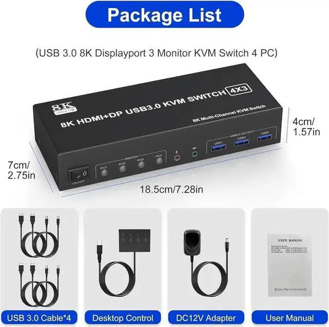 Alt view image 6 of 7 - Vszerda KVM Switch 3 Monitors 4 Computers 8K@60Hz 4K@144Hz, 2 HDMI +1 DisplayPort Triple Monitor USB 3.0 KVM Switch for 4 PC with Audio and 3 USB 3.0 Ports, KVM Triple Monitor Keyboard Mouse Switcher
