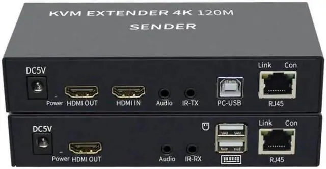 Alt view image 4 of 6 - Vszerda 4K HDTV 120M KVM Extender HDMI-Compatible USB-A Keyboard Mouse 3.5mm AUX Aluminium Alloy Over CAT6 RJ45 Lan Ethernet Extender(With US Plug)
