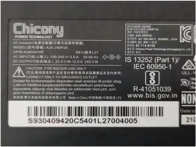 Alt view image 2 of 2 - Vszerda CHICONY 20V 12A 240W 4.5x3.0mm A20-240P2A A240A010P Power Supply AC Adapter For MSI Laptop Power Charger