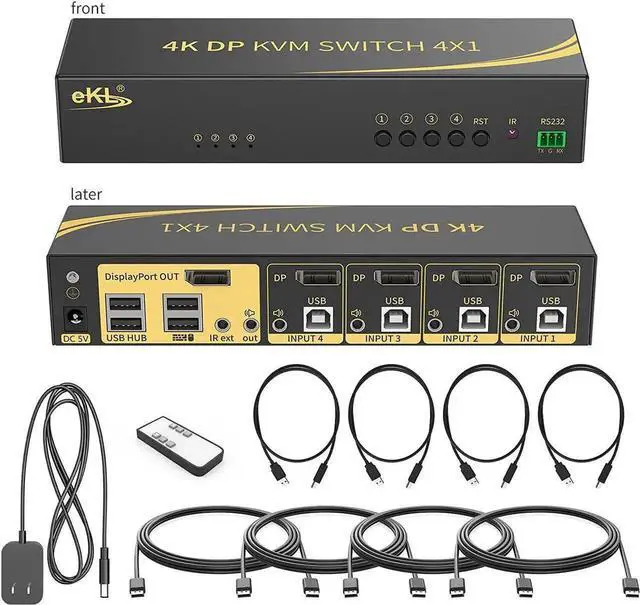 Main image of Vszerda Displayport KVM Switch, Displayport 4 Port DP 1.2 4x1 Supports 4K @60Hz 4:4:4 hotkey Switching Keyboard Mouse Audio with USB 2.0 Control up to 4 PCs