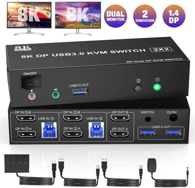 Alt view image 5 of 6 - Vszerda 8K@60Hz USB 3.0 Displayport KVM Switch 2 Monitors 2 Computers, DP 1.4 Dual Monitor KVM Switch with Audio Microphone Output and 3 USB 3.0 Ports, Wired Remote and 2 USB Cables Included