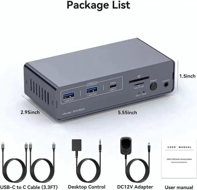 Alt view image 7 of 7 - Vszerda USB C Docking Station with KVM Switch 2 Monitors 2 Computers 4K@60Hz, HDMI EDID KVM Switches Dual Monitor for 2 Mac or Laptops Share a 1G Ethernet & 5 USB A/C Devices and SD/MicroSD Card Slots