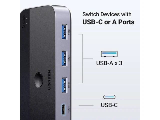 Alt view image 4 of 7 - Vszerda USB 3.0 Switch 2 Computers Sharing USB C & A Devices, 4 Port USB Switcher Sharing Keyboard and Mouse, Printer/Scanner USB Switch Hub for Two Computers with 2 USB3.0 Cables and Controller