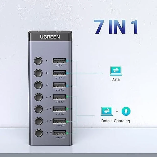 Alt view image 2 of 5 - Vszerda Powered USB 3.0 Hub, 7-Port USB Adapter with 4 Smart Charging Ports, USB Splitter with Individual Led On/Off Switches and Power Adapter, USB Ports Extender for Laptop PC