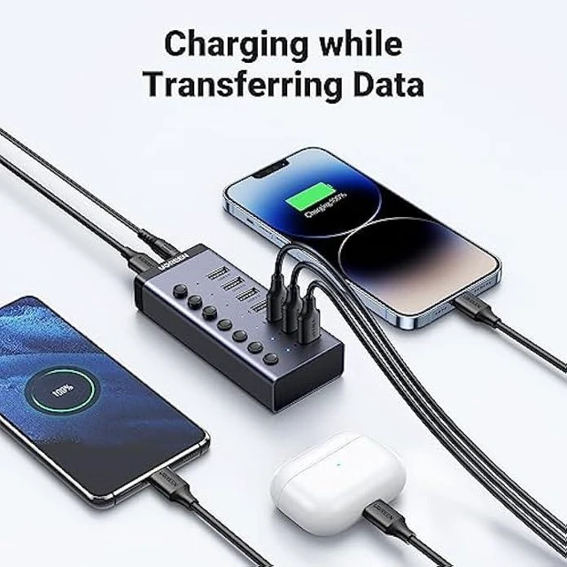 Alt view image 5 of 5 - Vszerda Powered USB 3.0 Hub, 7-Port USB Adapter with 4 Smart Charging Ports, USB Splitter with Individual Led On/Off Switches and Power Adapter, USB Ports Extender for Laptop PC