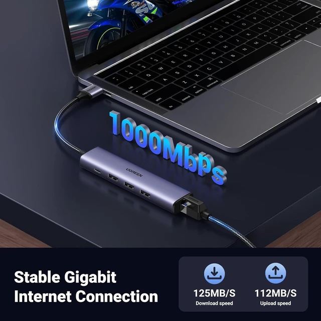 Alt view image 3 of 7 - Vszerda USB to Ethernet Adapter, 5 in 1 USB Hub with Ethernet, Plug and Play, Multiport Network Adapter with 3 USB 3.0 Port, Gigabit RJ45, USB-C Power Port Compatible for Laptop MacBook XPS Windows 11