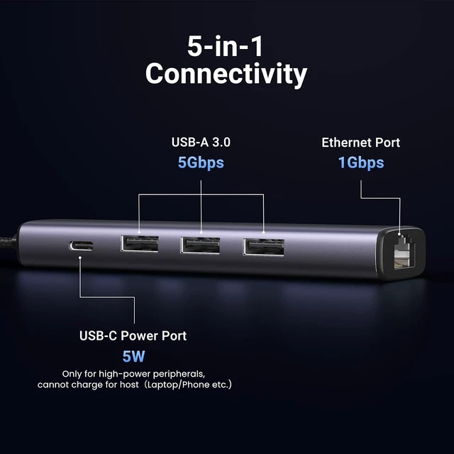 Alt view image 5 of 7 - Vszerda USB to Ethernet Adapter, 5 in 1 USB Hub with Ethernet, Plug and Play, Multiport Network Adapter with 3 USB 3.0 Port, Gigabit RJ45, USB-C Power Port Compatible for Laptop MacBook XPS Windows 11