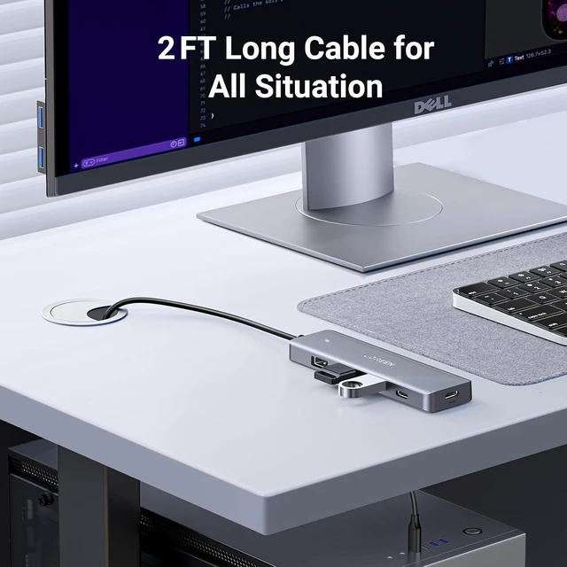 Alt view image 3 of 7 - Vszerda USB Hub 4 Ports, C & 3 A Multiport Adapter, 2ft Long Cable Powered 3.0 Hub With C Power Port for Laptop, Desktop, PS5, Xbox Series, and More Devices