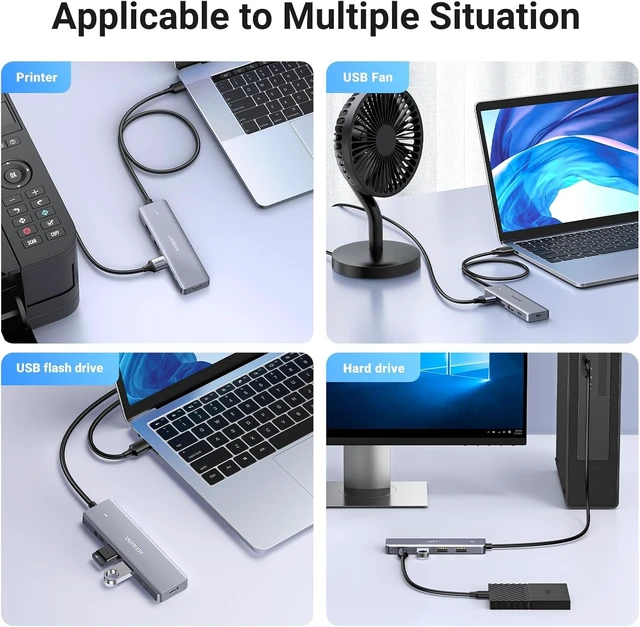 Alt view image 6 of 7 - Vszerda USB Hub 4 Ports, C & 3 A Multiport Adapter, 2ft Long Cable Powered 3.0 Hub With C Power Port for Laptop, Desktop, PS5, Xbox Series, and More Devices
