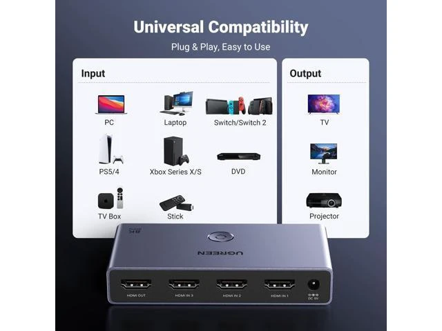 Alt view image 6 of 7 - Vszerda HDMI 2.1 Switch Aluminum Ultra HD 8K@60Hz 3 in 1 Out HDMI Splitter with Remote Switcher Box Support 3D CEC HDR HDCP2.3 Compatible with PS4/3 Xbox Nintendo Switch Roku TV Fire Stick