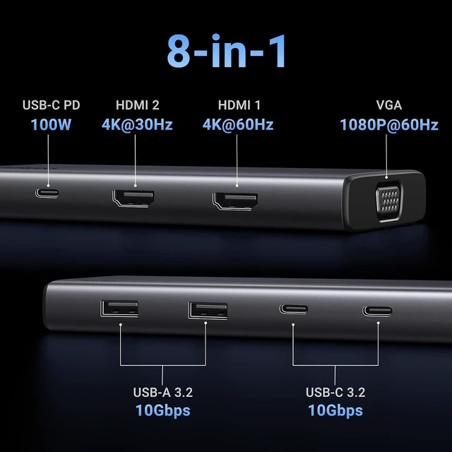 Alt view image 2 of 7 - Vszerda 8 in 1 USB C 4K Docking Station Dual Monitor, Triple Display USB C Hub with 2 HDMI, VGA, 2 USB A&C 3.2 Ports, 100W PD, Compatible for MacBook, Dell, HP, Lenovo, Surface etc
