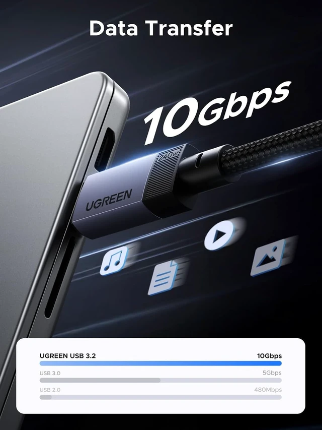Alt view image 2 of 7 - Vszerda 240W PD3.1 USB C Cable USB 3.2 Gen 2 10Gbps, 4K 60Hz Video, 6.6ft | For NVMe SSD, monitor, iPhone 17/16/15, MacBook M5/M4/M3, Galaxy S26/S25/S24, iPad, Dell XPS, Pixel 10/9, Switch and More