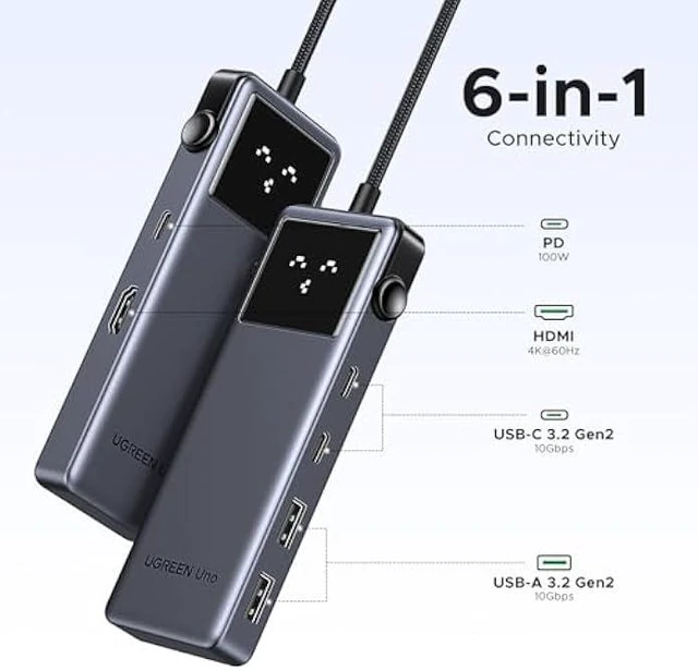 Alt view image 2 of 5 - Vszerda Uno 6 in 1 USB-C Hub with 10Gbps USB-C & USB-A Data Ports 4K@60Hz HDMI for MacBook Pro/Air, iPad Pro, Surface, XPS, Thinkpad and More.