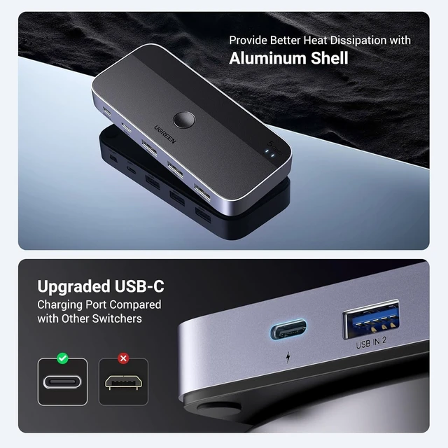 Alt view image 5 of 7 - Vszerda USB 3.0 Switch 2 Computers Sharing USB C & A Devices, 4 Port USB Switcher Sharing Keyboard and Mouse, Printer/Scanner USB Switch Hub for Two Computers with 2 USB3.0 Cables and Controller