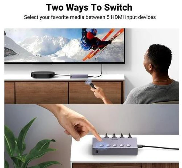 Alt view image 5 of 7 - Vszerda HDMI Switch 5 in 1 Out 4K@60Hz, HDMI Splitter with Remote 5 Port Switcher Selector Box Support 3D CEC HDR HDCP2.2 Compatible with PS5/4/3 Xbox Nintendo Switch Roku TV Fire Stick Grey