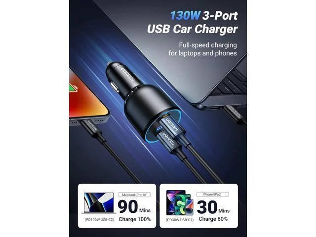 Alt view image 2 of 7 - Vszerda Bundle: 130W USB-C Car Charger + 2x 100W USB-C Cables