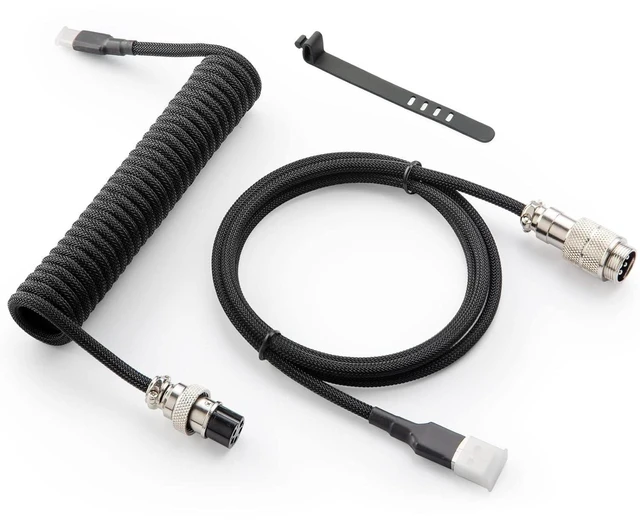 Main image of Vszerda Pro Custom Coiled USB C Cable for Gaming Keyboard, Double-Sleeved Mechanical Keyboard Cable with Detachable Metal Aviator, 1.5M USB-C to USB-A, Classic Black Color