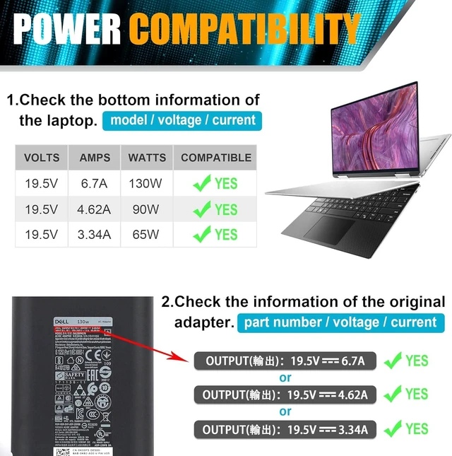 Alt view image 3 of 7 - 130W AC Adapter Laptop Charger for Dell XPS 15 7590 9530 9550 9560 9570 Inspiron 7347 7348 7459 Precision M3800 M2800 5510 5520 5530 5540 HA130PM130 0V363H DA130PM130 06TTY6 0RN7NW Power Supply Cord