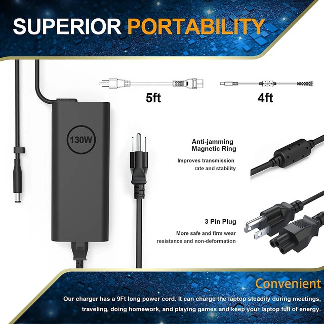 Alt view image 6 of 7 - 130W AC Adapter Laptop Charger for Dell XPS 15 7590 9530 9550 9560 9570 Inspiron 7347 7348 7459 Precision M3800 M2800 5510 5520 5530 5540 HA130PM130 0V363H DA130PM130 06TTY6 0RN7NW Power Supply Cord