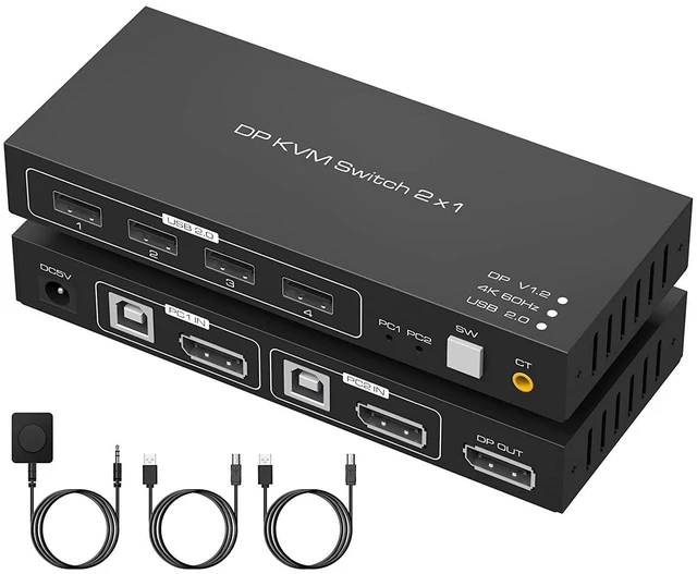 Main image of Vszerda KVM Switch DisplayPort 2 Port 4K 60Hz USB2.0 DP 1.2 for DP KVM Switches 2 PC 1 Monitor Switch Support Wire-Desktop Controller Including 2 USB2.0 Cable