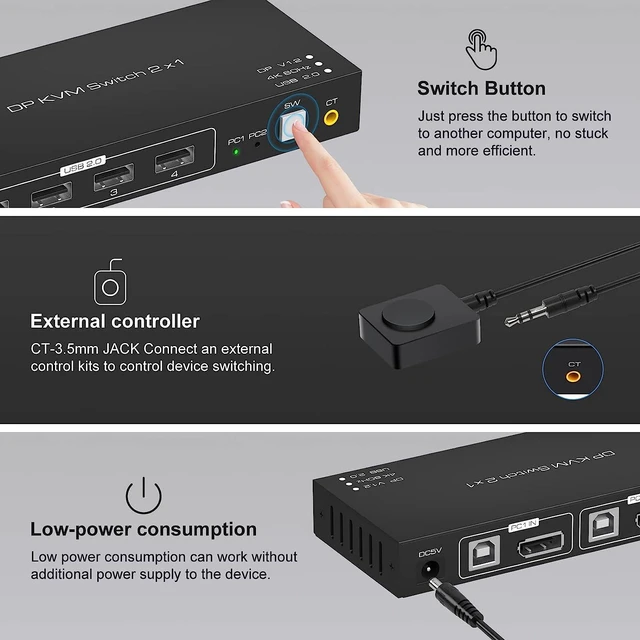 Alt view image 4 of 7 - Vszerda KVM Switch DisplayPort 2 Port 4K 60Hz USB2.0 DP 1.2 for DP KVM Switches 2 PC 1 Monitor Switch Support Wire-Desktop Controller Including 2 USB2.0 Cable