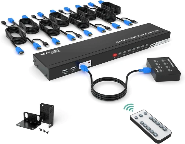 Main image of Vszerda MT-VIKI 8 Port KVM Switch HDMI, 4K@30Hz 1U Rack Mount KVM HDMI Switch w/IR Remote & Wire-desktop Controller & 8 HDMI KVM Cables & Rack Ears