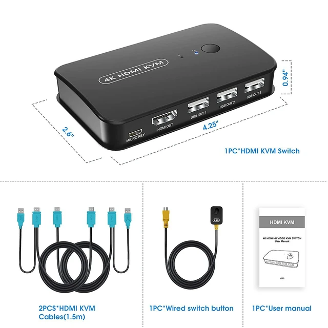 Alt view image 4 of 7 - Vszerda HDMI KVM Switch USB Selector for 2 Computers Sharing Mouse Keyboard Printer to One 4K HD Monitor, Wired Controller & HDMI Cables Included