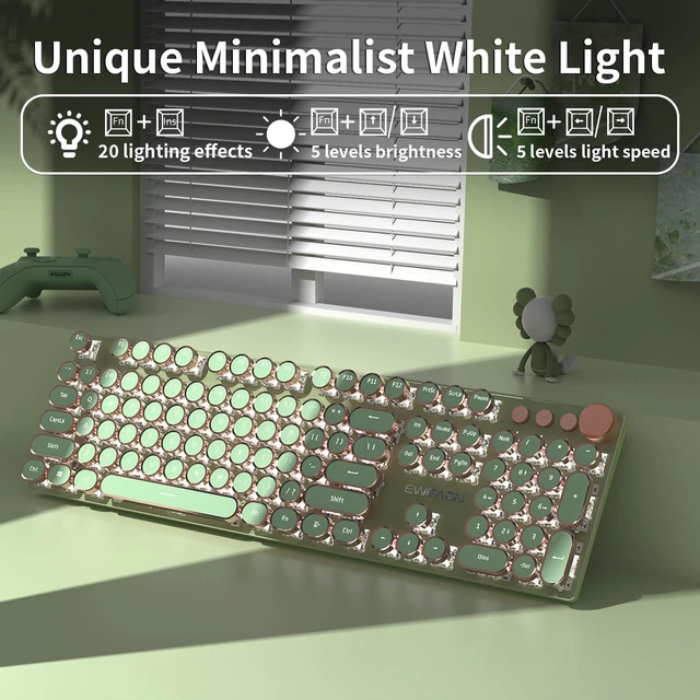 Alt view image 2 of 6 - Vszerda Typewriter Style Mechanical Gaming Keyboard,104 Keys Backlit LED Keyboard, Media Control Knob, Wired Computer Keyboard Pink Switch for Windows/Mac/PC-Green