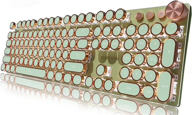 Main image of Vszerda Typewriter Style Mechanical Gaming Keyboard,104 Keys Backlit LED Keyboard, Media Control Knob, Wired Computer Keyboard Pink Switch for Windows/Mac/PC-Green