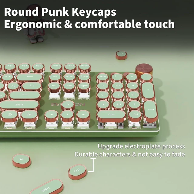 Alt view image 6 of 6 - Vszerda Typewriter Style Mechanical Gaming Keyboard,104 Keys Backlit LED Keyboard, Media Control Knob, Wired Computer Keyboard Pink Switch for Windows/Mac/PC-Green
