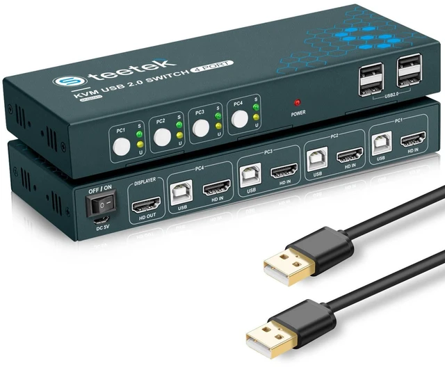Main image of Vszerda 4 Port HDMI KVM Switch Box, KVM Switch 4K@60Hz, KVM 4 Computer Share 1 Monitor Controlled by Keyboard Mouse, USB 2.0 and HDCP 2.2 Compatible, Button Switch, with 1 HDMI and 4 USB Cables