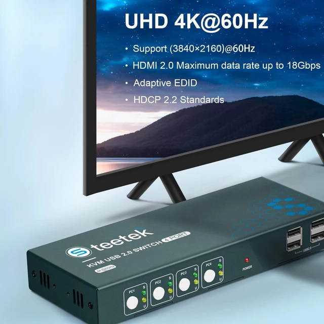 Alt view image 2 of 7 - Vszerda 4 Port HDMI KVM Switch Box, KVM Switch 4K@60Hz, KVM 4 Computer Share 1 Monitor Controlled by Keyboard Mouse, USB 2.0 and HDCP 2.2 Compatible, Button Switch, with 1 HDMI and 4 USB Cables