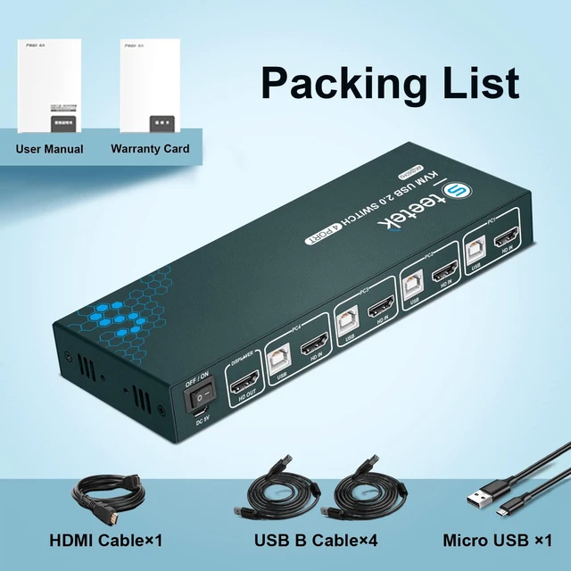 Alt view image 7 of 7 - Vszerda 4 Port HDMI KVM Switch Box, KVM Switch 4K@60Hz, KVM 4 Computer Share 1 Monitor Controlled by Keyboard Mouse, USB 2.0 and HDCP 2.2 Compatible, Button Switch, with 1 HDMI and 4 USB Cables