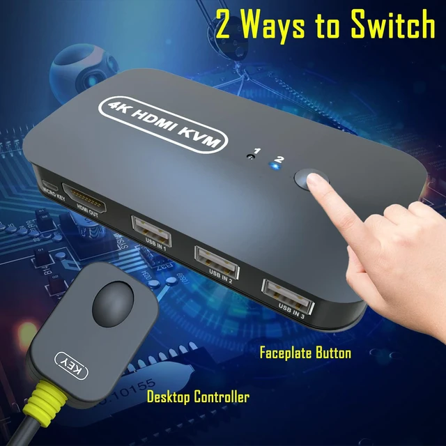 Alt view image 3 of 6 - VszerdaHDMI KVM Switch 2 Port - KVM Switch HDMI, Monitor Switch for 2 Computers,USB Switch Selector for 2 Computers Share Keyboard Mouse,Flash Drive, Support 4K@30Hz, 2 KVM Cables 1 Desktop Controller