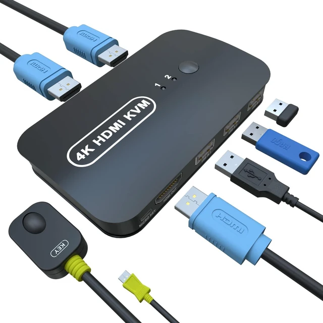 Alt view image 6 of 6 - VszerdaHDMI KVM Switch 2 Port - KVM Switch HDMI, Monitor Switch for 2 Computers,USB Switch Selector for 2 Computers Share Keyboard Mouse,Flash Drive, Support 4K@30Hz, 2 KVM Cables 1 Desktop Controller