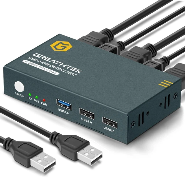 Main image of USB 3.0 KVM Switch HDMI 2 Port Ultra HD 4K@60Hz, KVM Switches with USB 3.0 Port High-Speed Transmission Share USB Devices, 2 PCs Share 1 Monitor with Button Switch, with 2 USB 3.0 and 2 HDMI Cables